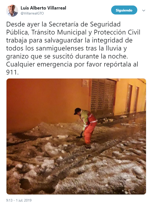 IMAGEN Granizada cubre de blanco calles de San Miguel de Allende, Guanajuato (Twitter 1 julo 2019)