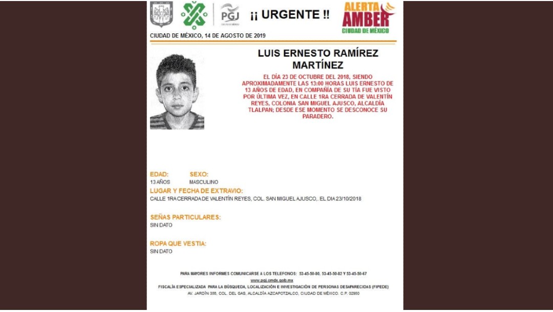Alerta Amber: Luis Ernesto Ramírez Martínez