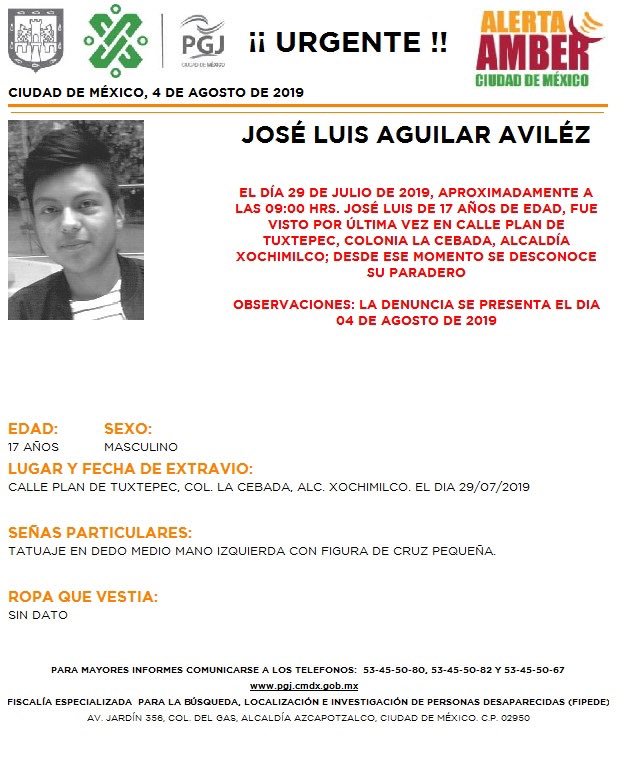 Foto Alerta Amber para ayudar a localizar a José Luis Aguilar Aviléz 5 agosto 2019