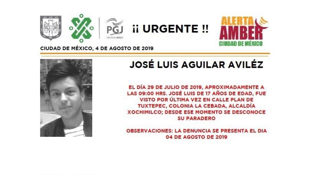 Foto Alerta Amber para ayudar a localizar a José Luis Aguilar Aviléz 5 agosto 2019