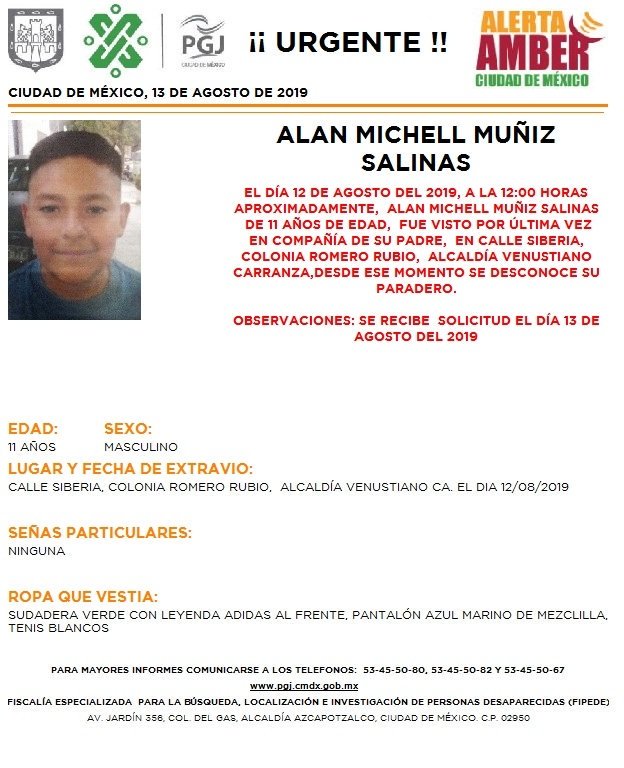 Foto Alerta Amber para localizar a Alan Michell Muñiz Salinas 13 agosto 2019