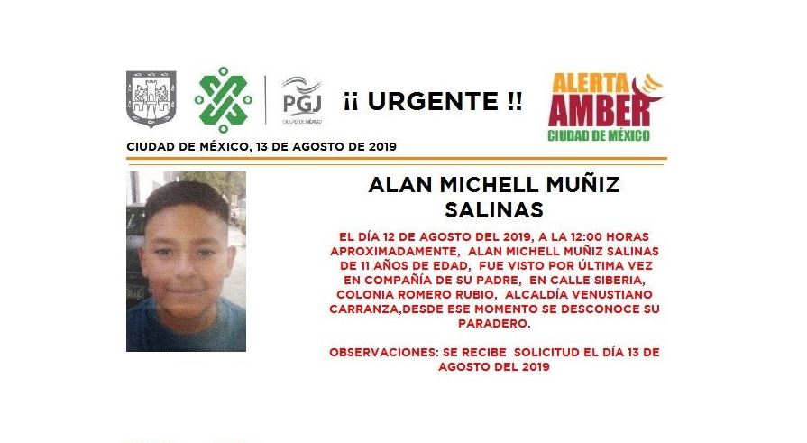 Foto Alerta Amber para localizar a Alan Michell Muñiz Salinas 13 agosto 2019