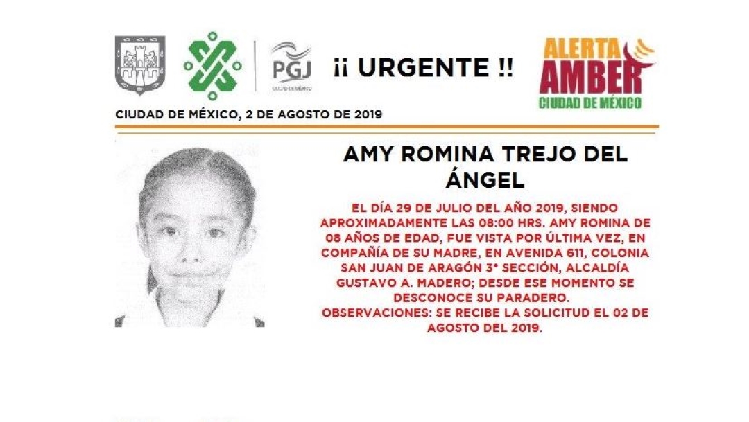 Foto Alerta Amber para localizar a Amy Romina Trejo del Ángel 2 agosto 2019