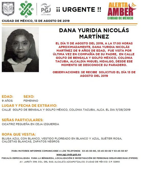 Foto Alerta Amber para localizar a Dana Yuridia Nicolás Martínez 13 agosto 2019