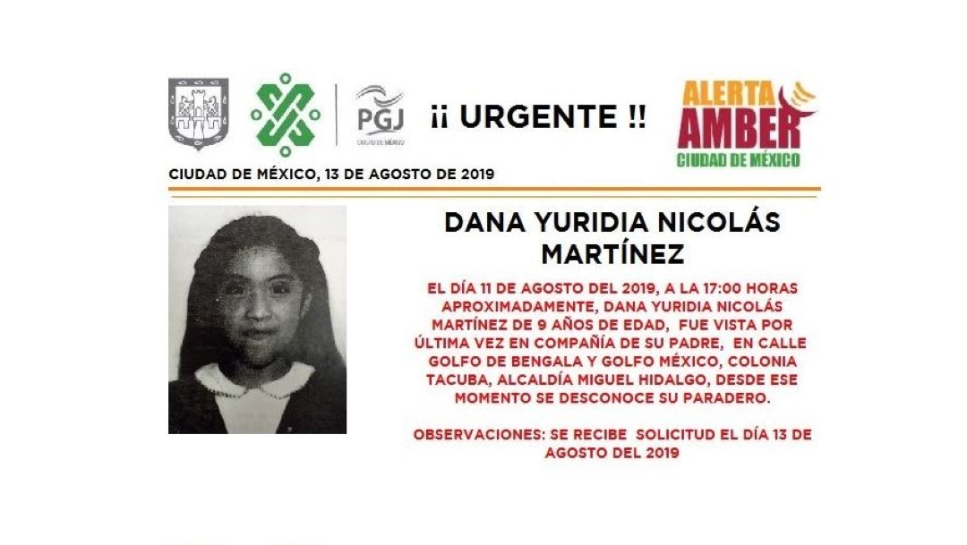 Foto Alerta Amber para localizar a Dana Yuridia Nicolás Martínez 13 agosto 2019