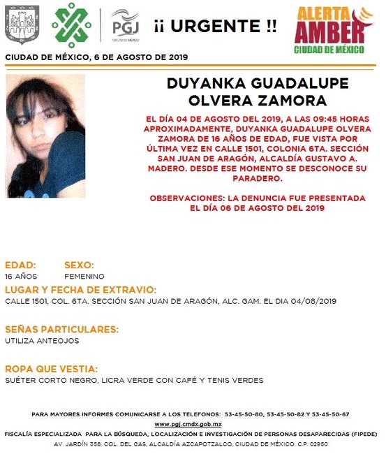 Foto Alerta Amber para localizar a Duyanka Guadalupe Olvera Zamora 7 agosto 2019