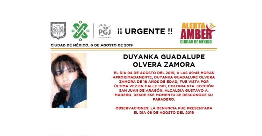 Alerta Amber: Ayuda a localizar a Duyanka Guadalupe Olvera Zamora