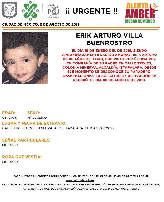 Foto Alerta Amber para localizar a Erik Arturo Villa Buenrostro 9 agosto 2019