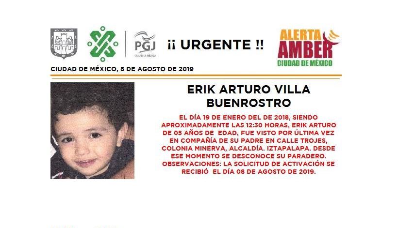 Foto Alerta Amber para localizar a Erik Arturo Villa Buenrostro 9 agosto 2019