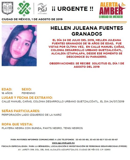 Foto Alerta Amber para localizar a Hellen Juleana Fuentes Granados 1 agosto 2019