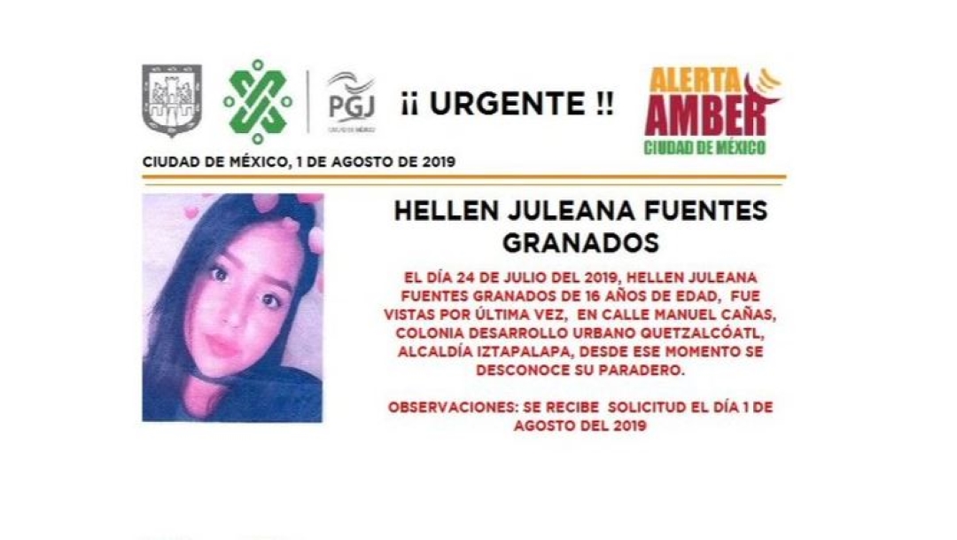 Foto Alerta Amber para localizar a Hellen Juleana Fuentes Granados 1 agosto 2019