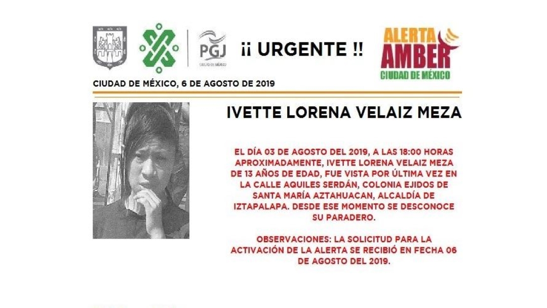 Foto Alerta Amber para localizar a Ivette Lorena Velaiz Meza 6 agosto 2019