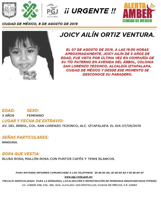 Foto Alerta Amber para localizar a Joicy Ailín Ortiz Ventura 8 agosto 2019