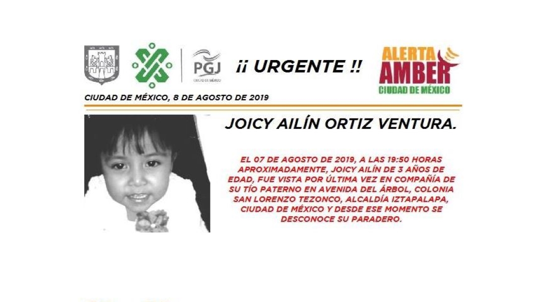 Foto Alerta Amber para localizar a Joicy Ailín Ortiz Ventura 8 agosto 2019