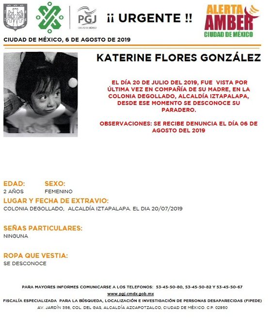 Foto Alerta Amber para localizar a Katerine Flores González 7 agosto 2019