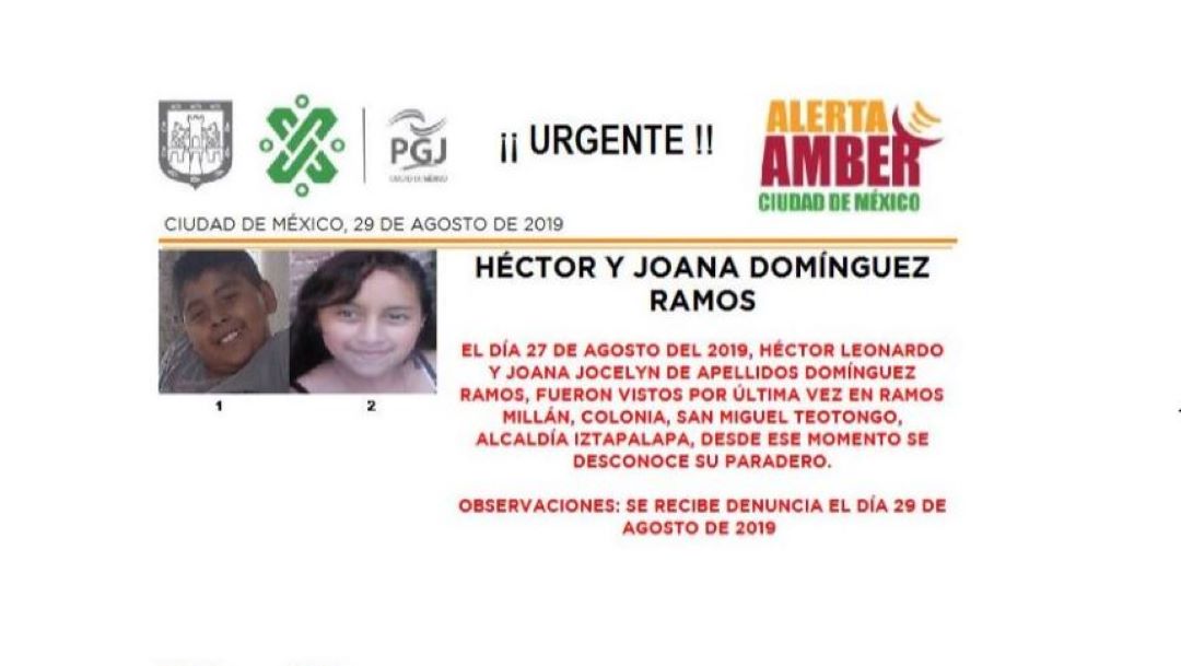 Foto Alerta Amber para localizar a los hermanos Domínguez Ramos 29 agosto 2019