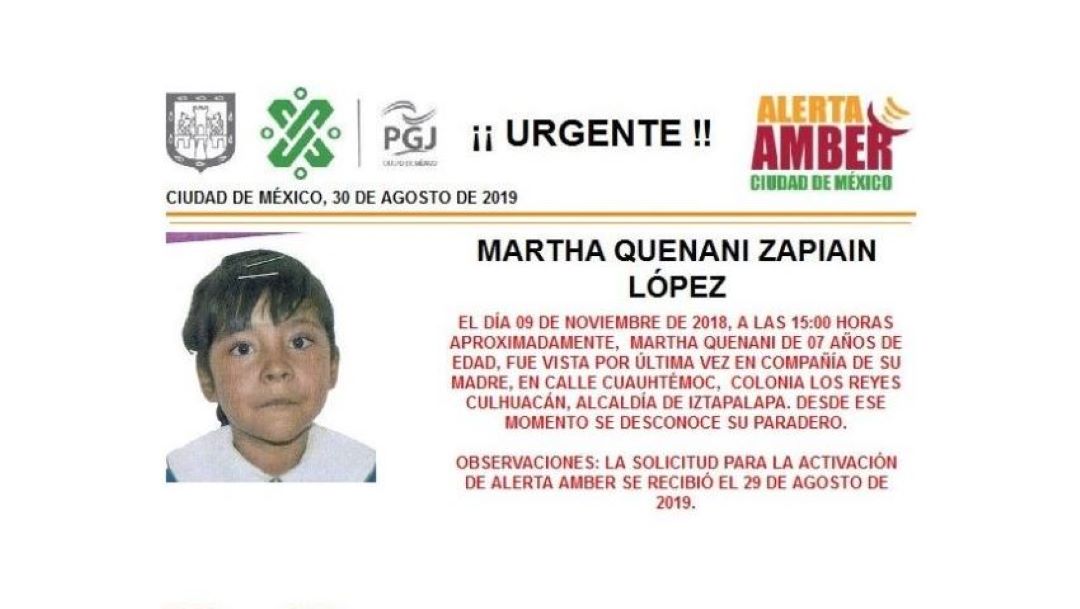 Foto Alerta Amber para localizar a Martha Quenani Zapiain López 30 agosto 2019