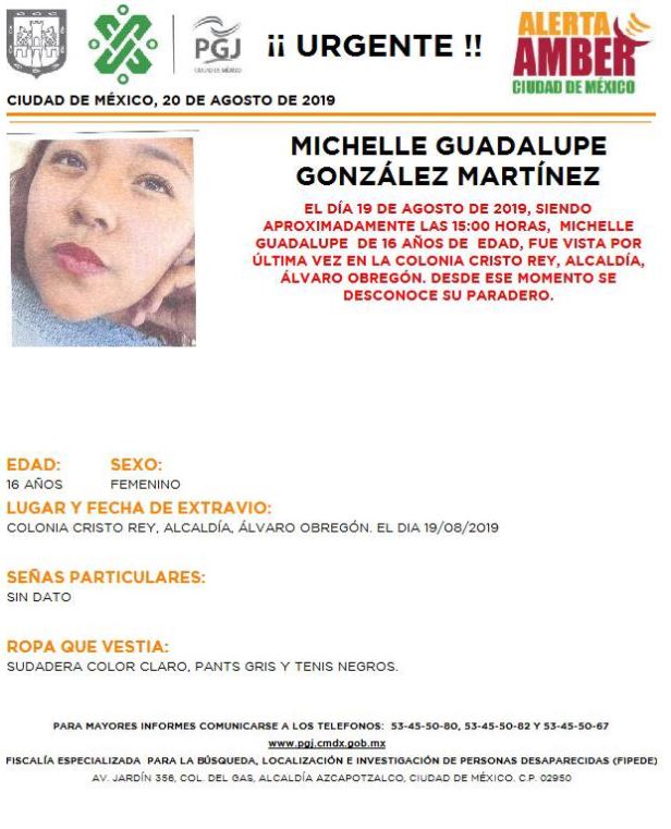 Foto Alerta Amber para localizar a Michelle Guadalupe González Martínez 21 agosto 2019