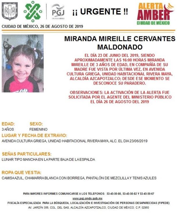Foto Alerta Amber para localizar a Miranda Mireille Cervantes Maldonado 26 agosto 2019