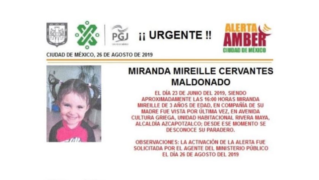 Foto Alerta Amber para localizar a Miranda Mireille Cervantes Maldonado 26 agosto 2019