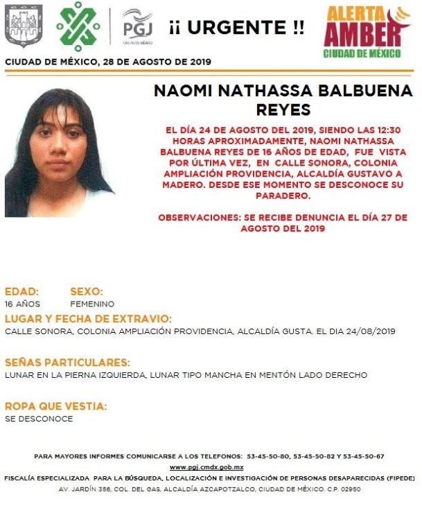 Foto Alerta Amber para localizar a Naomi Nathassa Balbuena Reyes 28 agosto 2019
