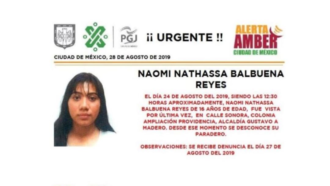 Foto Alerta Amber para localizar a Naomi Nathassa Balbuena Reyes 28 agosto 2019