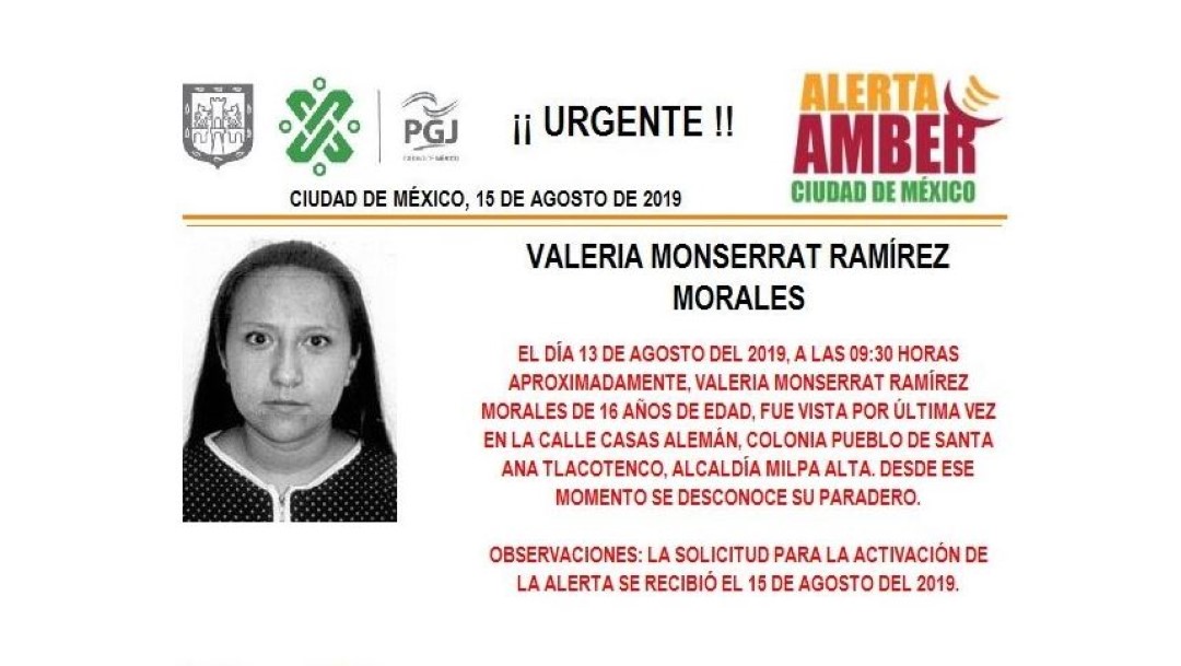 Alerta Amber: Ayuda a localizar a Valeria Monserrat Ramírez Morales