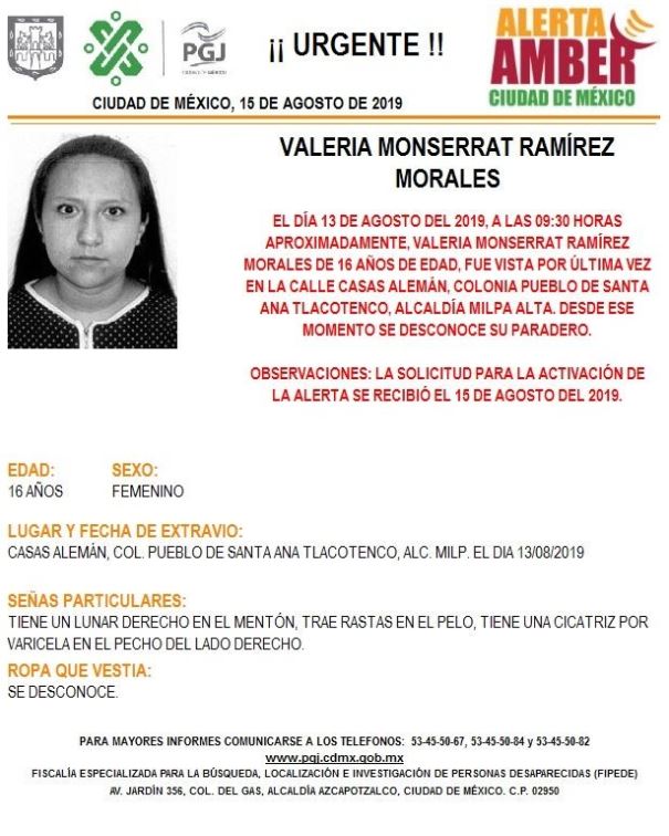 Foto Alerta Amber para localizar a Valeria Monserrat Ramírez Morales 19 agosto 2019