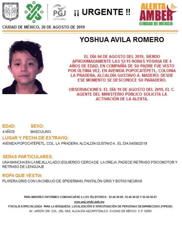 Foto Alerta Amber para localizar a Yoshua Avila Romero 20 agosto 2019