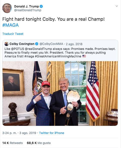 Foto: Tweet de Donald Trump con Colby. 4 agosto 2019
