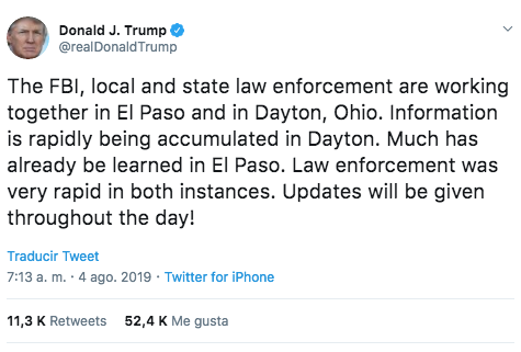 Foto: Tweet Donald Trump El Paso. 4 agosto 2019