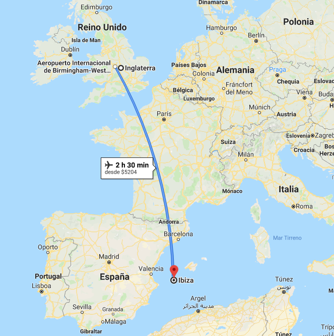 Foto:Mapa Distancia entre Londres e Ibiza. 27 agosto 2019
