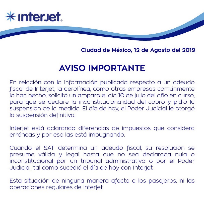 Comunicado de Interjet.
