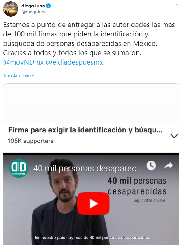 IMAGEN Diego Luna entrega carta en Palacio Nacional para exigir búsqueda de desaparecidos (Twitter)
