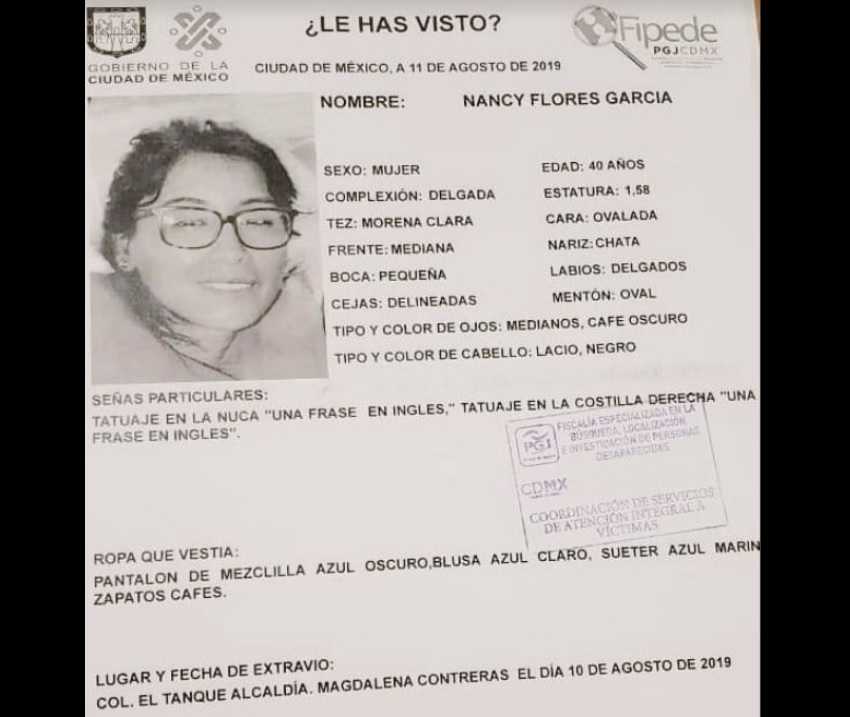 Nancy Flores desapareció el pasado 10 de agosto.