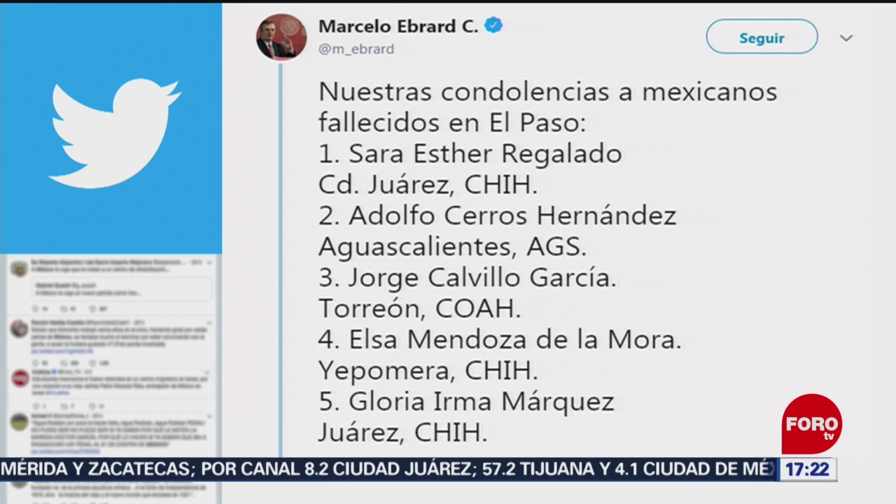 FOTO: Marcelo Ebrard da a conocer nombre de fallecidos tras tiroteo en El Paso, Texas, 4 Agosto 2019