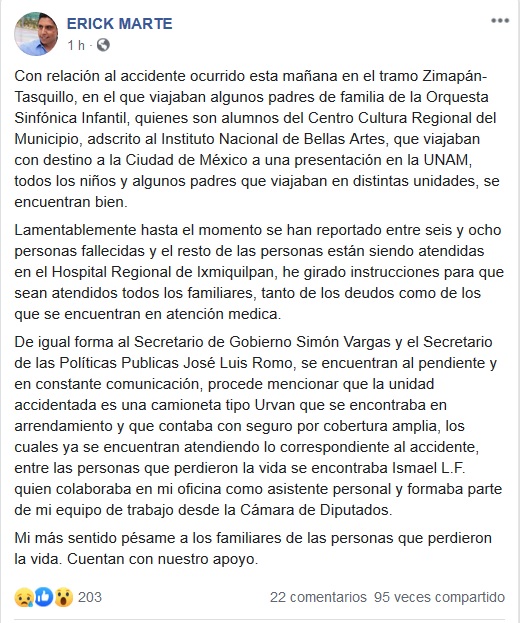 Mensaje del edil de Zimapán, Erick Marte. 