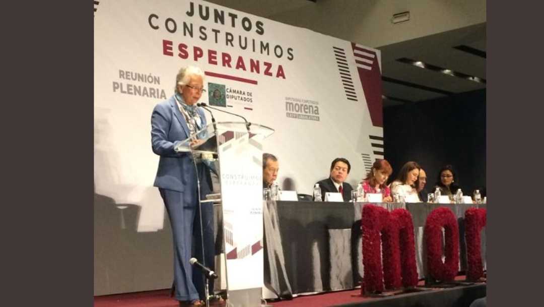 Foto: La secretaria de Gobernación, Olga Sánchez Cordero, al inaugurar la reunión plenaria de Morena, 29 agosto 2019