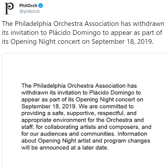 IMAGEN Orquesta de Filadelfia cancela actuación de Plácido Domingo (Twitter)
