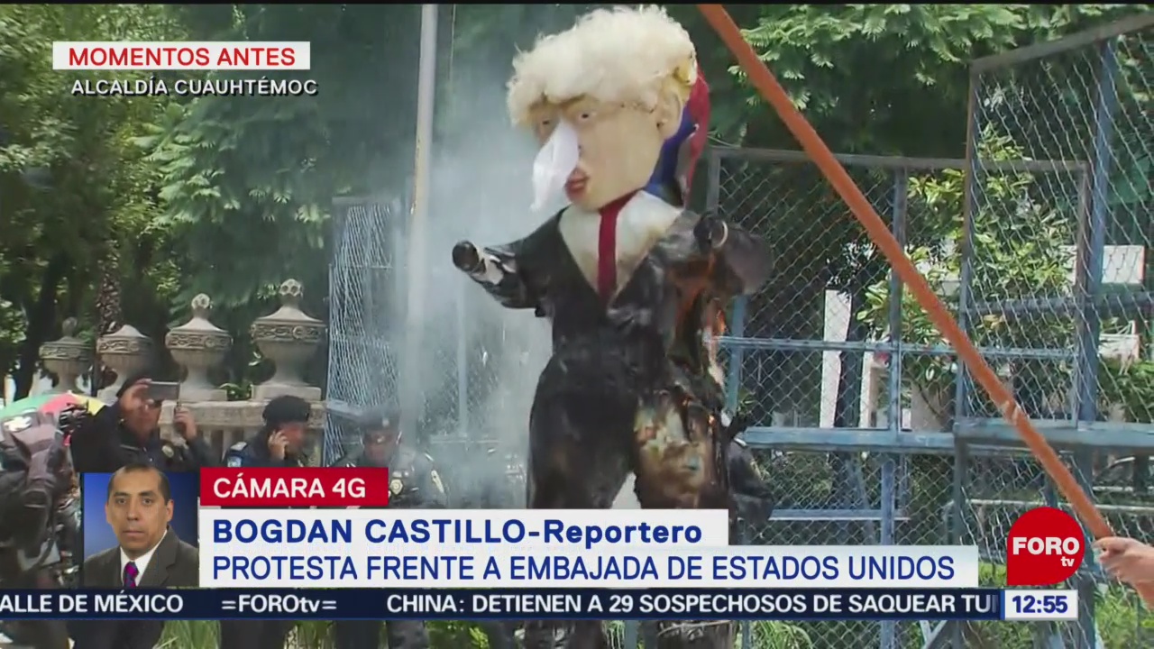 Queman figura de Trump afuera de la embajada de Estados Unidos en CDMX