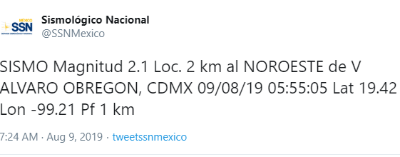 FOTO Se registra sismo con epicentro en Álvaro Obregón, CDMX (Twitter SSN)