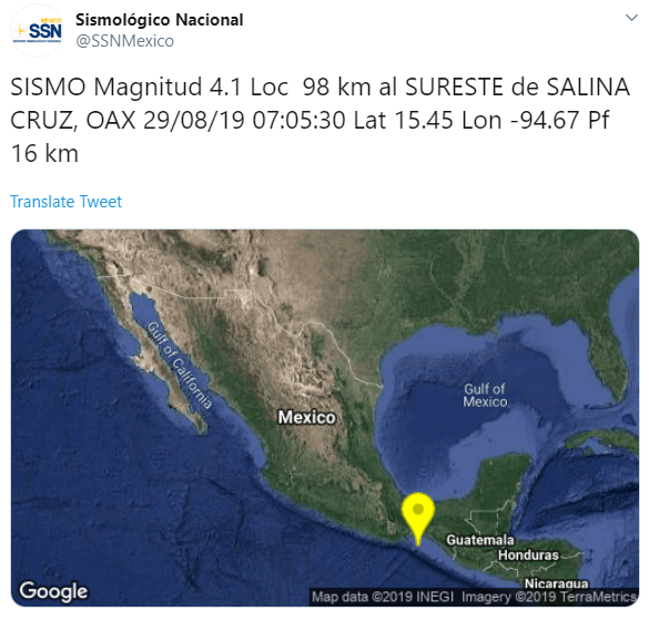 IMAGEN Se registra sismo en Salina Cruz, Oaxaca (SSN)
