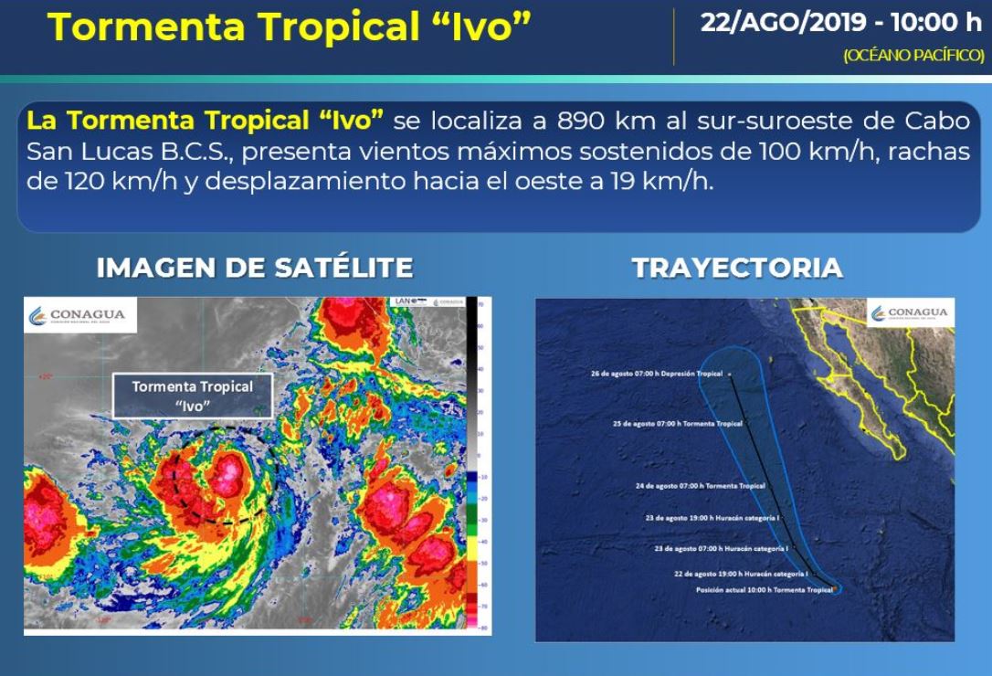 Foto: La tormenta tropical 'Ivo' se localizó a 890 kilómetros al sur-suroeste de Cabo San Lucas, 22 agosto 2019