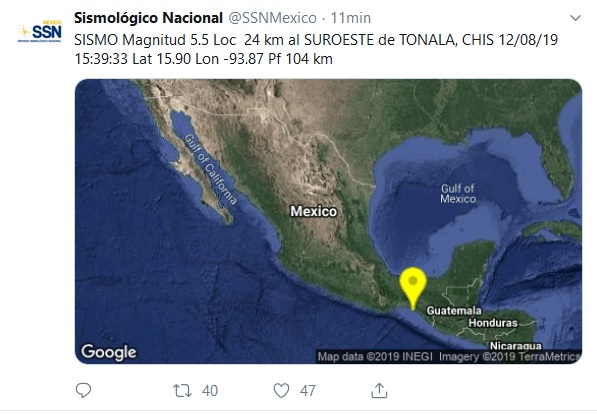 Reportan sismo en Chiapas.
