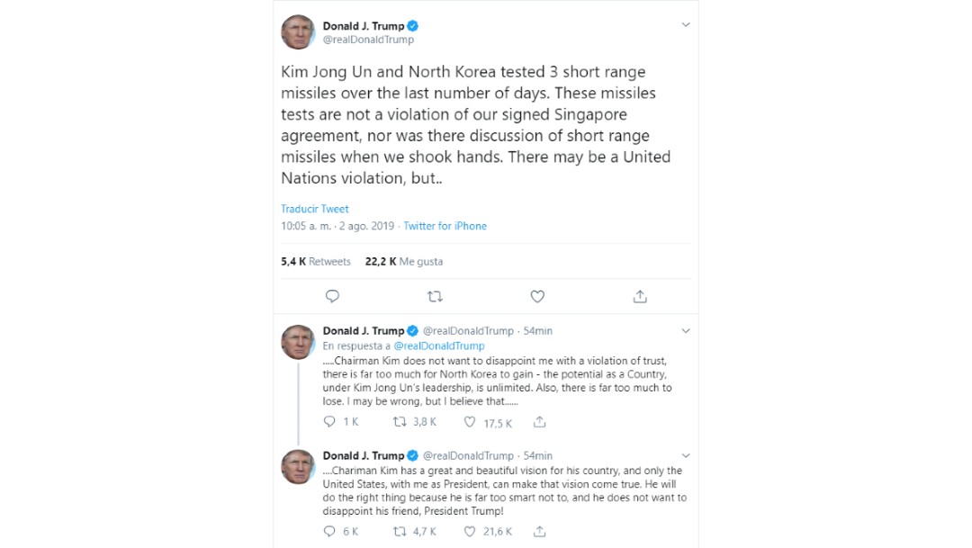 Foto: Tuits de Trump sobre Corea del Norte, 2 de agosto de 2019, Estados Unidos 