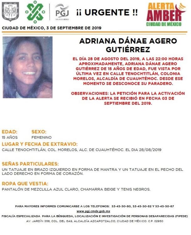 Foto Alerta Amber Ayuda a localizar a Adriana Dánae Agero Gutiérrez 3 septiembre 2019