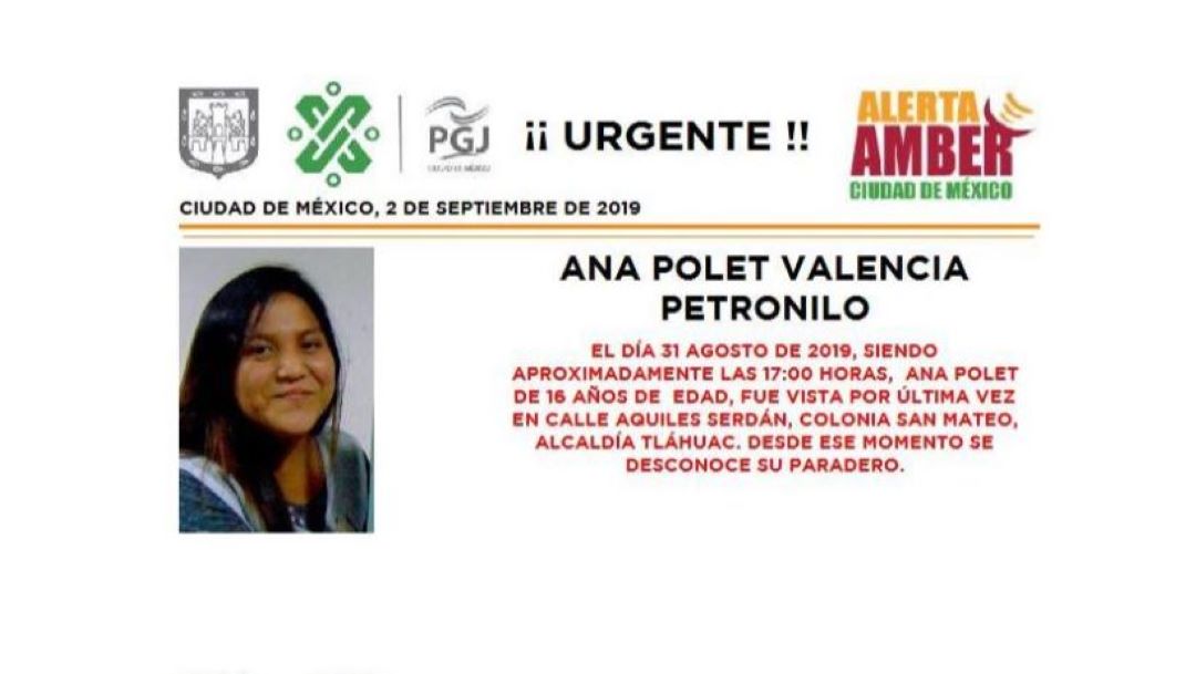 Alerta Amber: Ayuda a localizar a Ana Polet Valencia Petronilo
