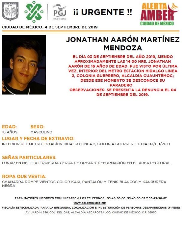 Foto Alerta Amber Ayuda a localizar a Jonathan Aarón Martínez Mendoza 4 septiembre 2019