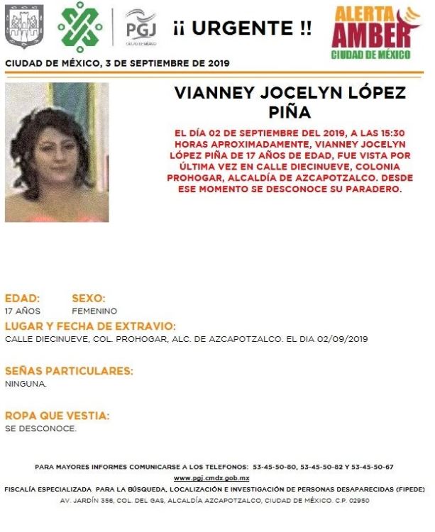 Foto Alerta Amber Ayuda a localizar a Vianney Jocelyn López Piña 3 septiembre 2019