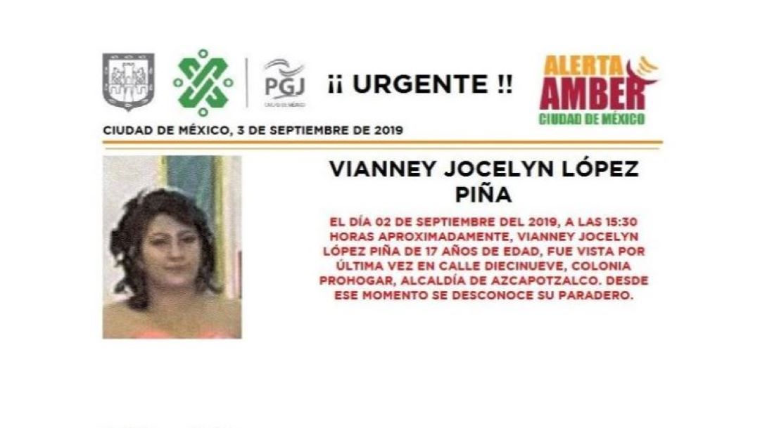 Foto Alerta Amber Ayuda a localizar a Vianney Jocelyn López Piña 3 septiembre 2019